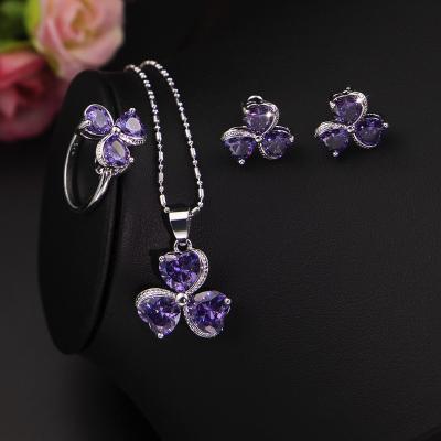 China Fashion Factory Diamond Fashion Jewelry Purple Zircon Necklace Set FASHIONABLE Wholesale Clover Necklace Clavicle Short Ring 3pcs For Christmas Gift for sale