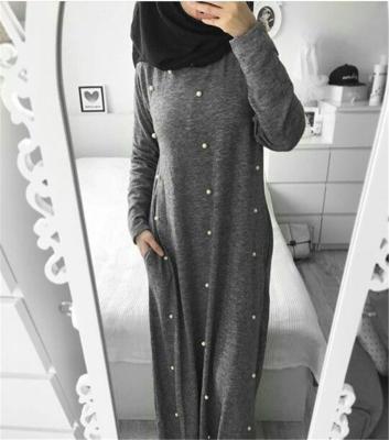 China High Waistbeaded Abaya Long Dresses Women Islamic Casual Round Neck Viable Bead Muslim Abaya For Women Dresses for sale