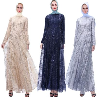 China New Fashion High Waist Round Neck Viable Sequin Muslim Abaya Dresses Chiffon Dresses Muslim Women for sale