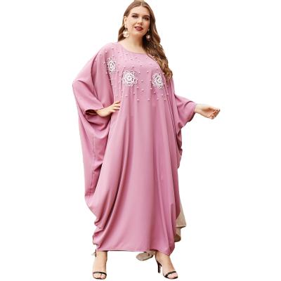 China Wholesale Long Sleeve Women's Muslim Dresses 2021 Batwing Bead Embroidery Loose Pink Long Sleeve Dress Viable Large Size for sale