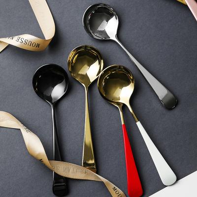 China Hot Selling Stainless Steel Reusable Flatware Set Gold Korean Style Viable Silvery Black Round Spoons With Handle 1539 Color for sale