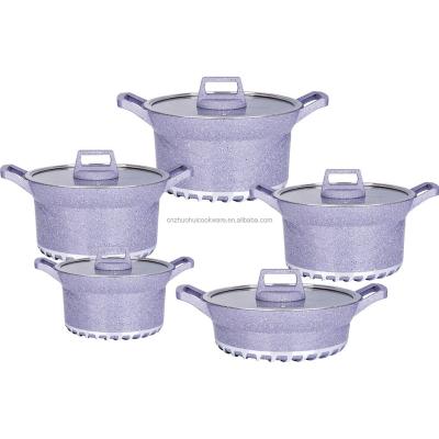 China 10 Pcs Viable Purple Aluminum Nonstick Marble Coating Cookware Set Ear Handle Casserole Set Cookware for sale