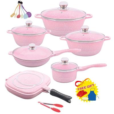 China 23 Pcs Sustainable High Quality Healthy Pink Die Cast Aluminum Non Stick Casserole Cookware Set for sale