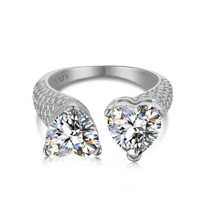 China Love Gift Engagement Band Jewelry 925 Sterling Silver Heart Ring Cubic Zirconia Heart Ring Adjustable Chunky Double Open for sale