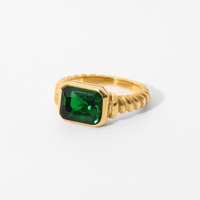 China Love Gift 18k Gold Plated Jewelry Suqre Vintage Green Gemstone Ring Stainless Steel Chunky Zircon Ring for sale