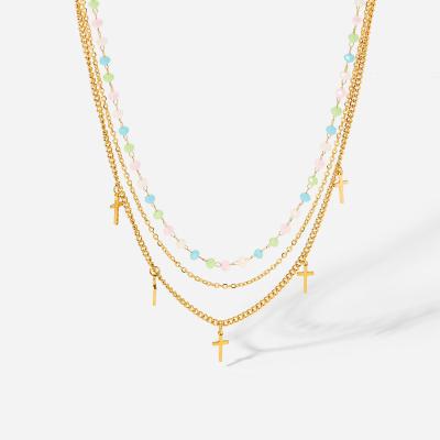 China 18k Gold Cross Bead Chain Necklace Stainless Steel Gold Plated Layered Cross Necklace Women for sale