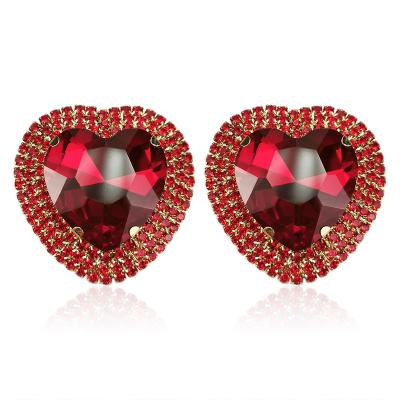 China Wholesalefashionjewelry TRENDY overstated big love heart rhinestone stud earrings fashionable red rhinestone earrings stud big heart wome for sale