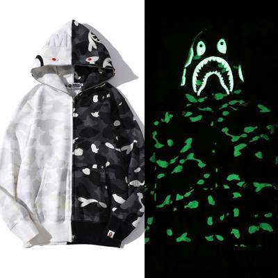 China 2022 Anti-wrinkle new arrival black sweatshirt slippers white stitched luminous zipper bathing monkey shark bape hoodie men streetwear for sale