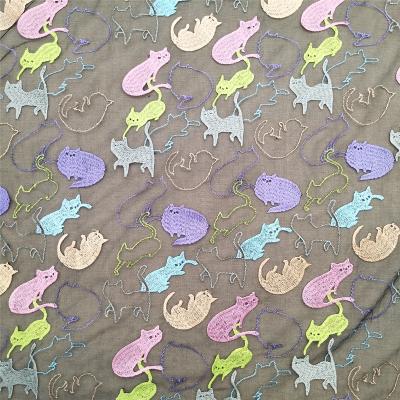 China Cat Design Embroidery Water Soluble Fabric With Mesh Black Mesh Fabric Black Embroidery for sale