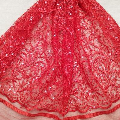 China Red color water soluble heavy wedding dress beaded lace up fabric sequin embroidery lace fabric for sale