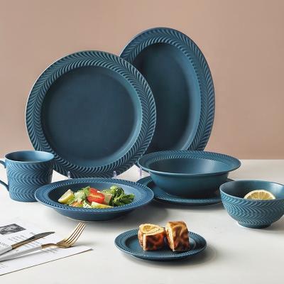 China Sustainable Blue Morden Design Plates Sets High Quality Ceramic Dinnerware Porcelain Dishes for sale