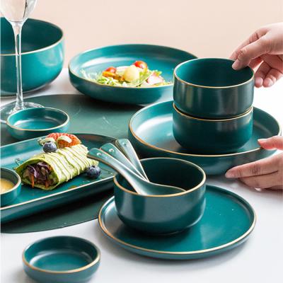 China Sustainable Nordic Gold Rim Design Restaurant Ceramic Dinner Serving Dish Porcelain Plates Dinnerware Sets for sale