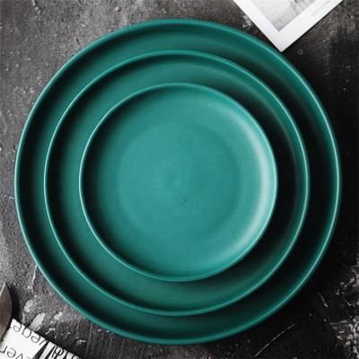 China Sustainable Restaurant Custom Printing Round Ceramic Pizza Server Green Dinner Plate for sale