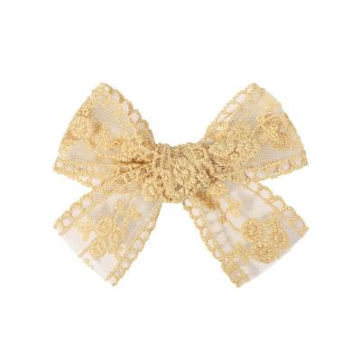 China Wholesale Decoration Children's Fabric Handmade Bow Clips Lace Up Princess Hair Baby Embroidered Hair Clip for sale