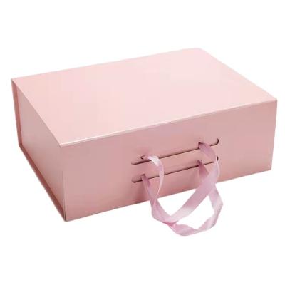 China Design Recyclable Luxury Pink Folding Magnetic Jewelry Paper Gift Box Cardboard Custom Gift Box With Ribbon for sale