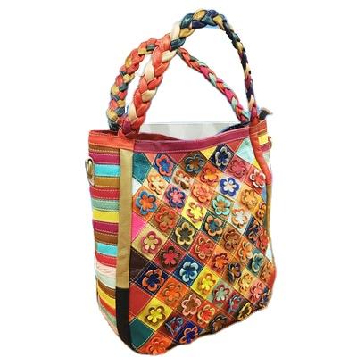 China Messenger Bag Real Cowhide Colorful Woven Tote Bag Lady's Rhombus Shoulder 2021 Large Flower Genuine Leather Stitching Women's Handbag for sale