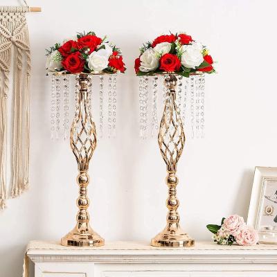 China Modern Floral Gold Riser Centerpiece Silver Tall Flower Centerpiece Stand with Crystal Beads for Event Party Wedding Reception Decor for sale