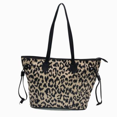 China Hot Selling Fashion Leopard Jacquard With Genuine Leather Trim Large Capacity Tote Bag for sale