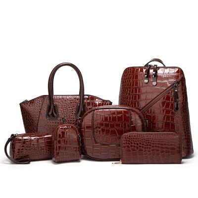 China Fashion Customized Ladies Bag Set Croco PU Backpack And Shoulder Bag 6 Pieces Set Bag for sale