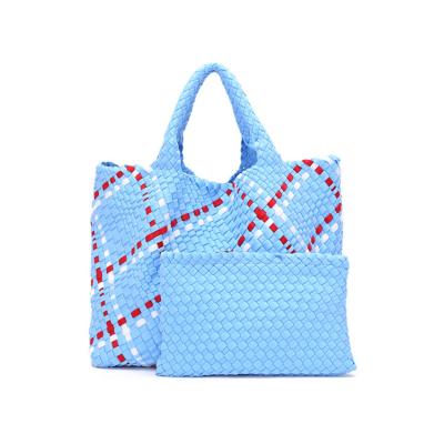 China Fashion Customized Hand Weave Women Bag Fashion Large Fabric Woven Tote With 2 Pieces Set Bag for sale