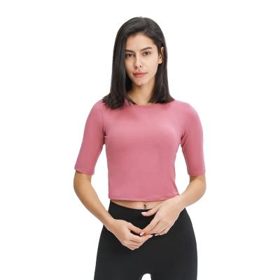 China Breathable new products in the spring and summer of simple pure color yoga suit sports fitness thin short sleeve of 2021 mid Europe and America for sale