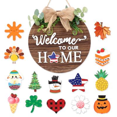 China Europe Front Door Welcome Sign With Greenery Wreath Door Wooden Welcome Sign Round Interchangeable for sale