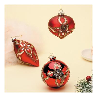 China Wholesale Luxury Christmas Party Festival Decor Glass Decorative Red Ball With Seed Beads For Christmas Tree Party Hanging Home Decoration Acceptable for sale