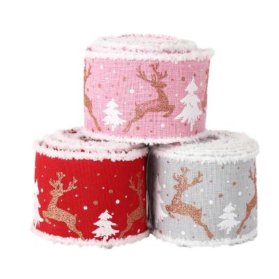 China New Arrive Fine Canvas Gift Printer Ribbon For Bow Making Velvet Cable Ribbon Per Side Deer Tree Christmas Decorations Gift for sale