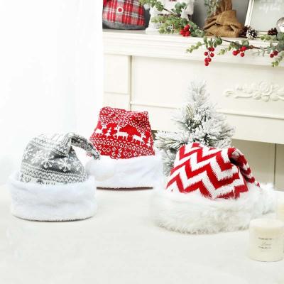 China 2021 Christmas Decoration Christmas Sweater Polyester Knitted Hat Christmas Hat Snowflake Wool Pattern With White Plush For Kids Adults for sale