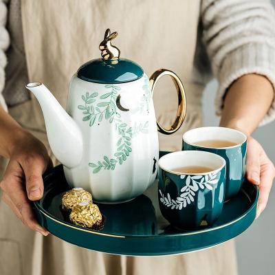 China Viable Drinkware Jade-CER Ceramic Tea Set Coffee Set Tea Cups Teapot Tray With Gold Rim for sale