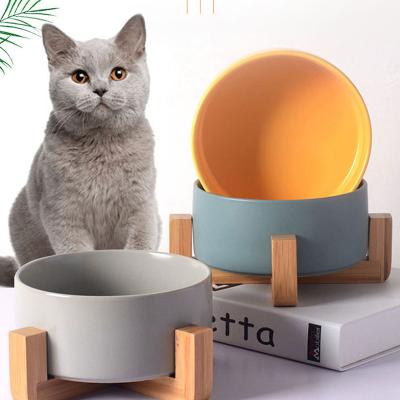 China Sustainable Wholesale Color Glazed Ceramic Dog Jade-CER Cat Food And Water Bowl With Wooden Frame Rack for sale