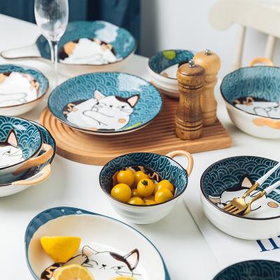 China Jade-CER Disposable Cartoon Cat Japanese Design Dinnerware Set Bomb and Plate Porcelain Plates Baby Bowl Ceramic Soup Bowl for sale