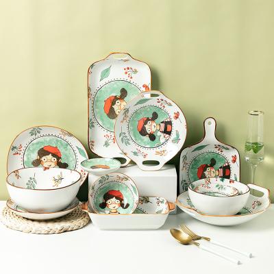 China Sustainable Ceramic Tableware Jade-CER Set Little Red Cap Design Hand Printed Tableware for sale