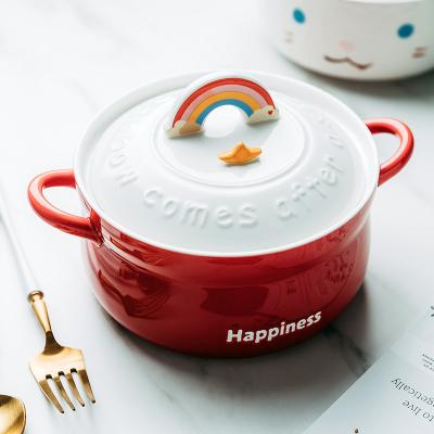 China Viable Cute Rainbow Pork Cartoon Jade-CER Ceramic Noodle Soup Bowl With Lid for sale