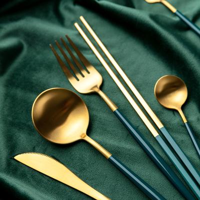 China Jade-CER Viable Handle 304 Stainless Steel Gold Colored Cutlery Set Large Small Spoon Fork Knife Chopsticks Set for sale