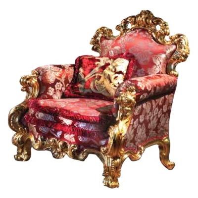 China Handcrafted Curved French Baroque Carved Wood Armchair Wood Fabric in Gold Leaf Living Room Furniture Luxury Sofa for sale