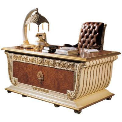 China Luxury Gold Solid Wood Executive Desk in Baroque Style for Home Office, Royal Solid Wood Cutout Writing Board for sale