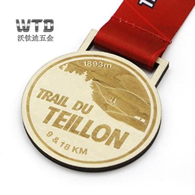 China Custom Cheap China Europe Style Teillon Paver Wooden Trail Medal With Ribbon for sale