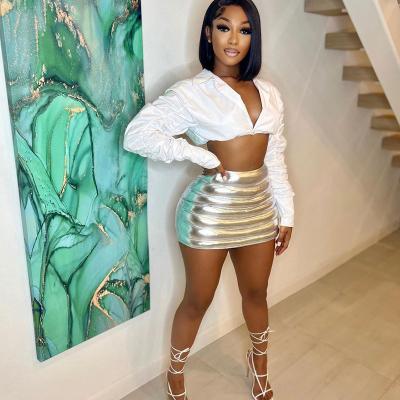 China Viable mini Y2k skirt clothes striper skirt tan shiny metallic striper skirt women style bottoms 2000s club aesthetic sexy outfits for sale