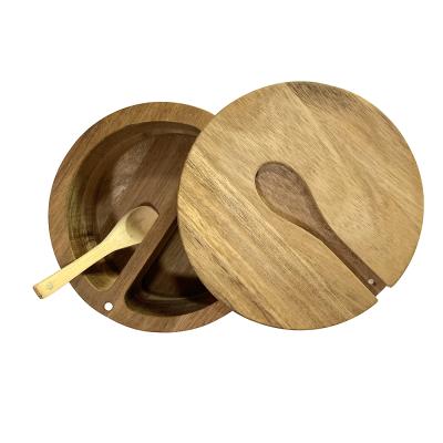 China Sustainable Acacia Wood Spice Box Salt and Pepper Container Cellar with Magnetic Swivel Swivel Lids Cover and Spoon for sale