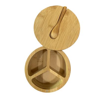 China Sustainable Bamboo Kitchen Salt and Pepper Box Divided 3 Compartment Salt Cellar with Magnetic Swivel Lid and Mini Spoon Built Into Top for sale