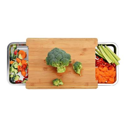 China Sustainable Cutting Board With Trays Bamboo Chopper With Stainless Steel 2 Pull Out Sliding Drawer Pan Tray Containers for sale