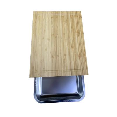 China Large Sustainable Cutting Board With Trays Bamboo Chopper With Stainless Steel 2 Pull Out Sliding Drawer Pan Tray Containers for sale