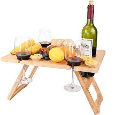 China Modern Portable Foldable Bamboo Wine Picnic Table Snack Table with Wine Bottle and Glass Holder for sale