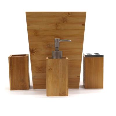 China Modern Natural Bamboo 4 PC Bathroom Accessory Set Including Soap Dispenser 4 Toothbrush Holder Tumbler and Trash Can for sale