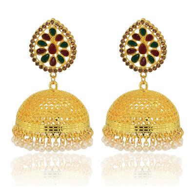 China Retro New Wind Shape Earring Bell Earring Pearl Earneedle Color Inset Diamond Palace Gold Plated Ethnic Nepali Geometric Earrings for sale