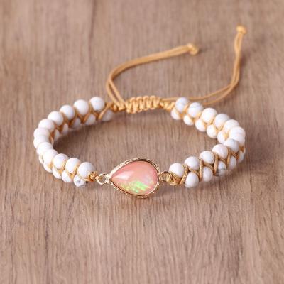 China BOHEMIA Double Layer String Woven Bracelet Water Round White Beads Yoga Bracelet Pink Drop Pendant Bracelet for sale