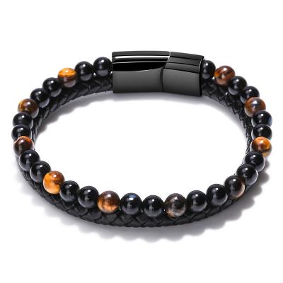 China Unisex Natural Tiger Eyes Volcano Agate Explosion Men's Real Cowhide Rope Beaded Bracelet Hand String for sale