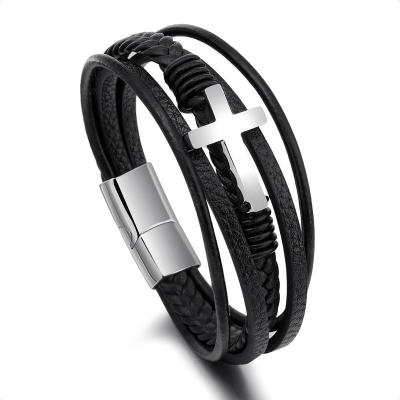 China Men's New Style Men's Titanium Steel Ornaments Buckle Cross Stainless Steel Woven Handmade Leather Magnetic Bracelet for sale