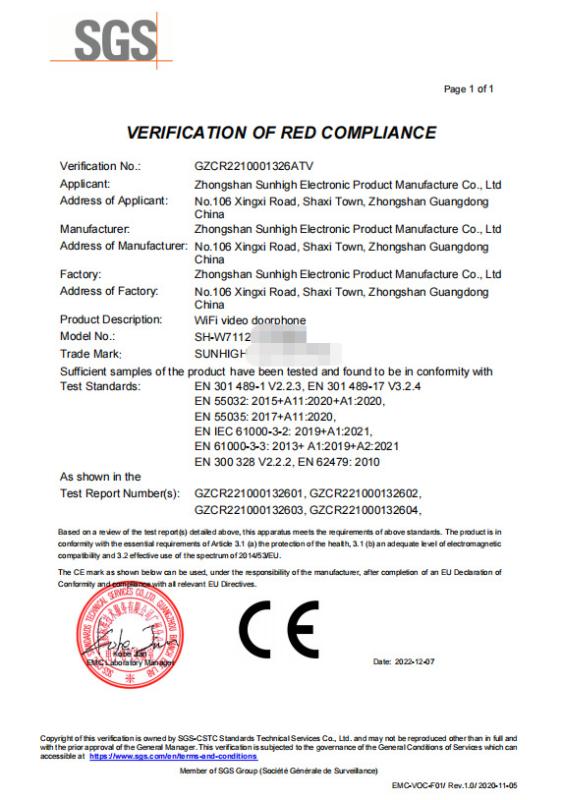 CE - Zhongshan Sunhigh Electronic Product Manufacture Co., Ltd.